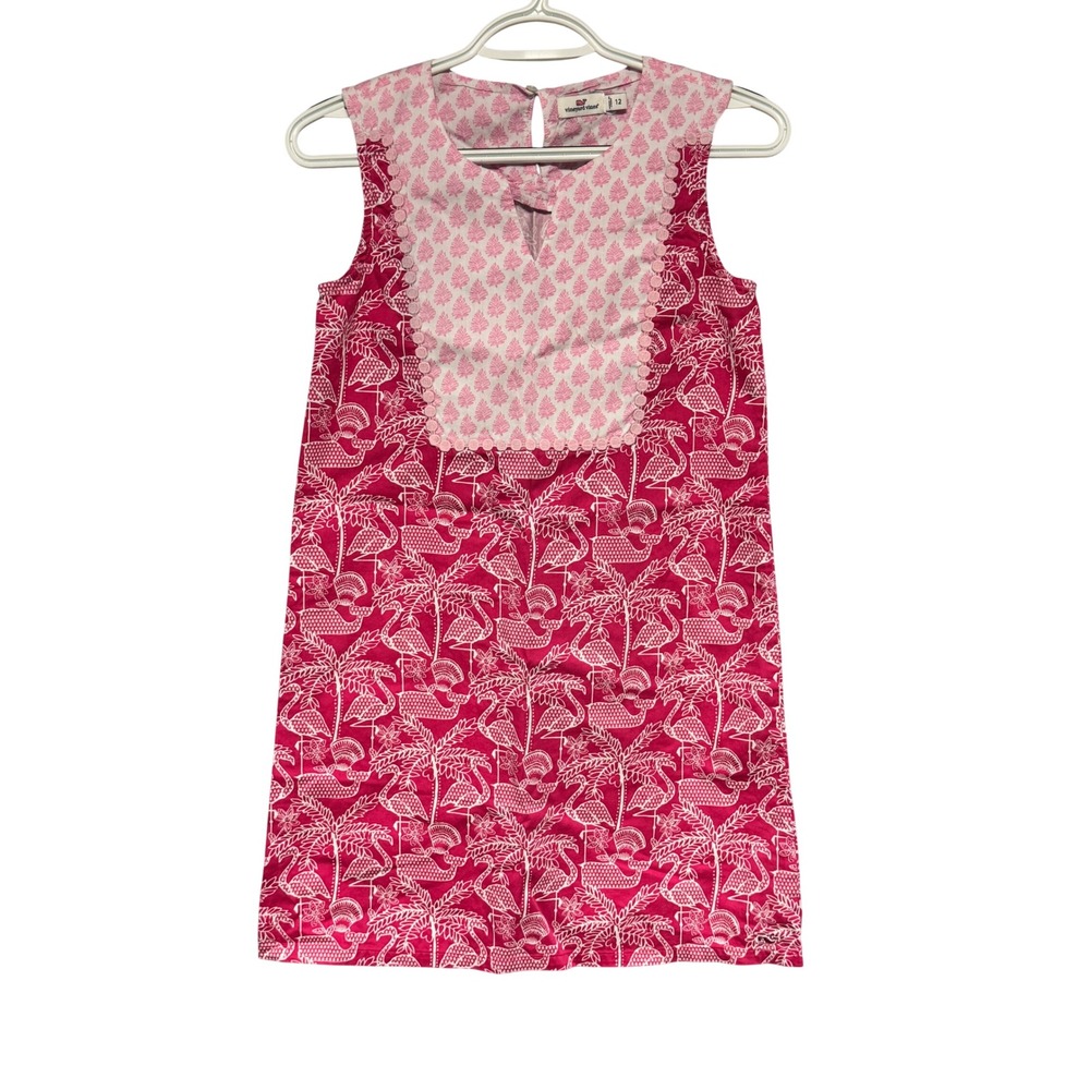 Vineyard Vines Girls Pink Flamingo Palm Tree Cotton Shift Dress Size 12 Nautical